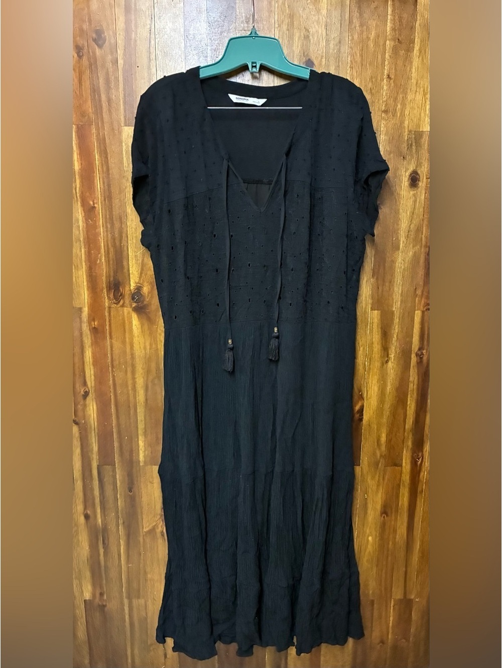 Sonoma Black Eyelet Maxi Dress Womens L Boho Cottagecore Peasant Tassel